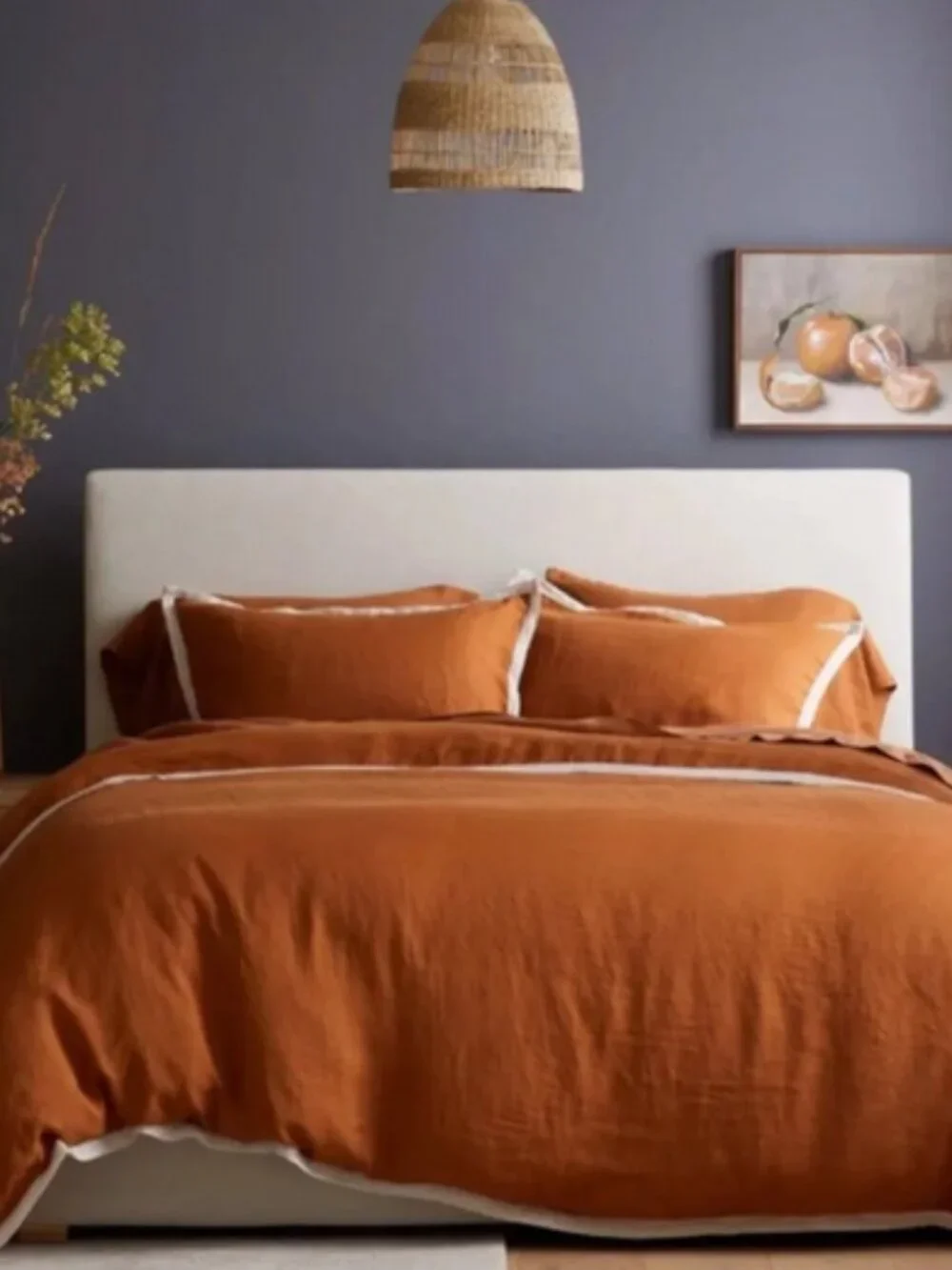 Quince European Linen Contrast Flange King Duvet Cover Terra Cotta and Sand